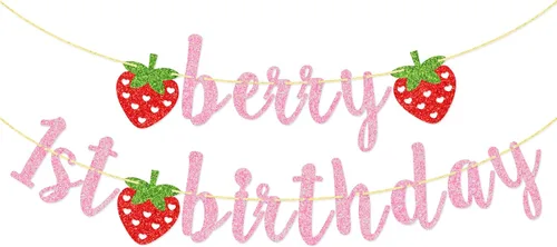 Miniatura 8 de Banner de primer cumpleaños de bayas, pancarta de fresa con purpurina, decoración de primer cumpleaños (rojo)