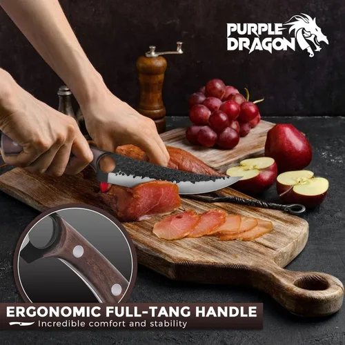 Miniatura 4 de Cuchillo de 7 pulgadas Purple Dragon para deshuesar y filetear, cuchillo de chef forjado a mano, cuchillo de carne y vegetales de tang completo