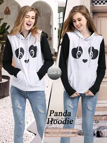 Miniatura 4 de ZXZY Sudaderas con capucha de manga larga con estampado de panda de mezcla de algodón para mujer, Blanco