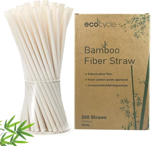 Pajitas de fibra de bambú desechables biodegradables, 200 unidades, 7.8 pulgadas, compostables y biodegradables