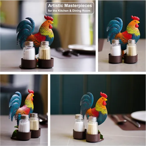Miniatura 4 de Juego de salero y pimienta con diseño de gallo - Dos saleros de vidrio con tapas, soporte vintage de metal con diseño de gallo para especias