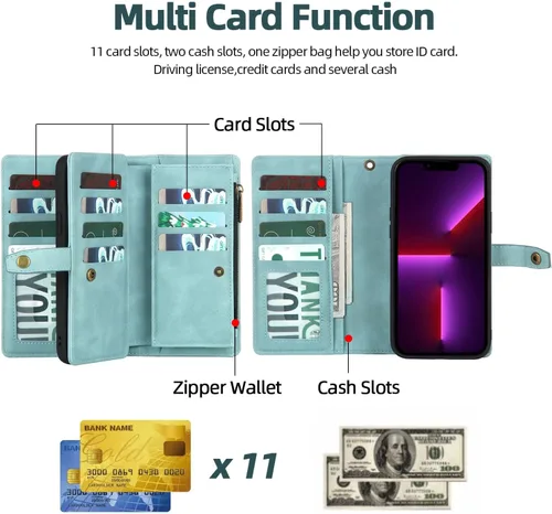 Miniatura 6 de TwoHead Funda tipo cartera para iPhone 11 con tarjetero y funda magnética desmontable para teléfono, funda de piel sintética para mujeres/hombres