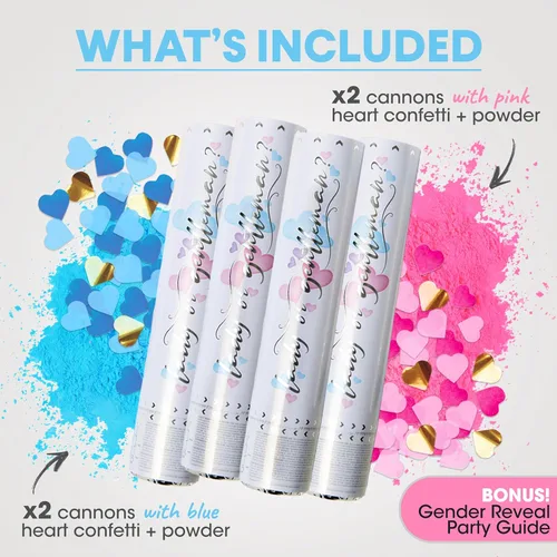 Miniatura 3 de PrimePure Cañón de confeti para revelación de género, polvo biodegradable y confeti en forma de corazón, 2 rosas y 2 azules, paquete de 4