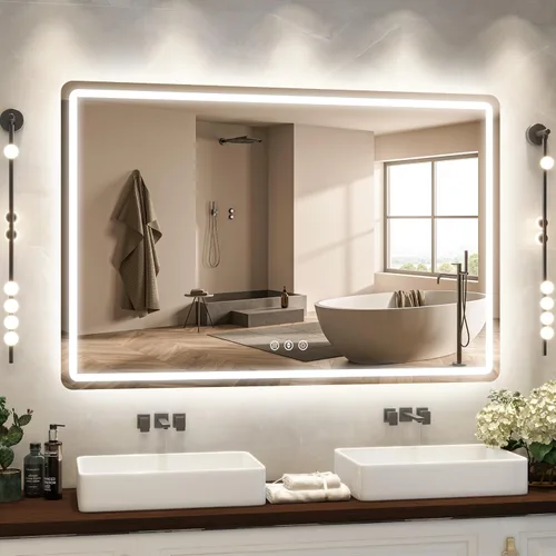 Miniatura 29 de 48x24 Inch LED Bathroom Mirror with Lights, Anti-Fog 3-Color Dimmable Memory Touch Control, Waterproof HD Tempered Glass, Wall Mounted Vanity Mirror