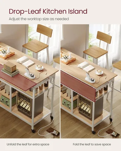 Miniatura 3 de VASAGLE Isla de cocina con hoja abatible, carrito de cocina rodante de 47.2" de ancho con regleta de enchufes, superficie de trabajo extensible