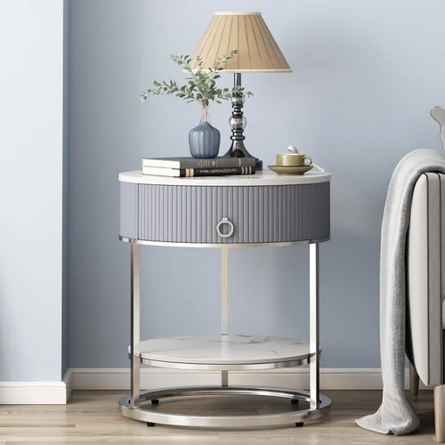 Miniatura 11 de OIOG - Mesa auxiliar redonda con cajón, mesa auxiliar moderna de madera con estante, mesa de noche de 2 niveles con cajón para sala de estar, Negro