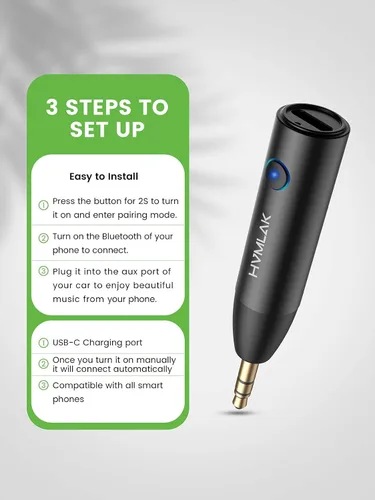 Miniatura 4 de HVMLAK Adaptador Bluetooth 5.3 Aux para Coche con Micrófono Mejorado, Jack de 3.5mm para Estéreo de Coche y Hogar, Carga USB-C, Estuche Resistente
