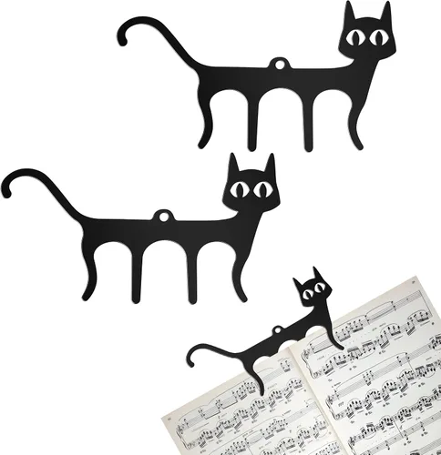 2 clips de metal para libros de música, portapáginas, lindo gato en forma de marcapáginas para lectura de teclado de piano, color negro