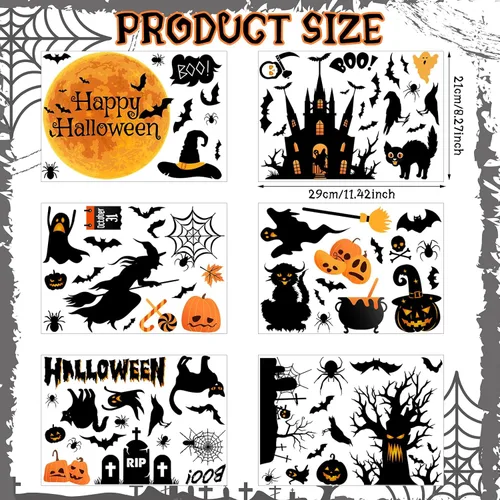 Miniatura 2 de Haull 6 hojas de calcomanías de pared de Halloween, calcomanías de pared reutilizables para ventana de Halloween, acuarela, bruja, murciélagos