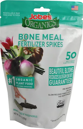 Jobe's Organics - Palitos fertilizantes de harina de hueso, desarrollo de raíces fuertes para bulbos, tomates, rosas y otras plantas con flores, 50