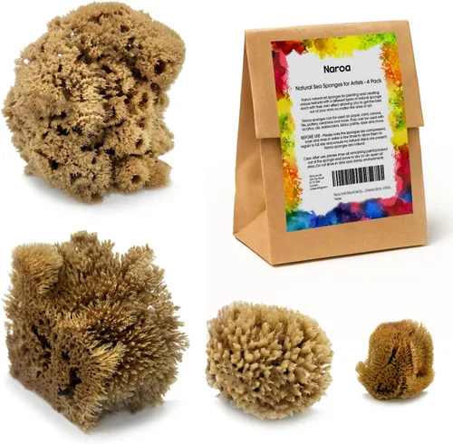 Naroa Paquete de 4 esponjas de mar naturales para pintar, juego de herramientas único sin blanquear, ideal para artistas y niños, acrílico,