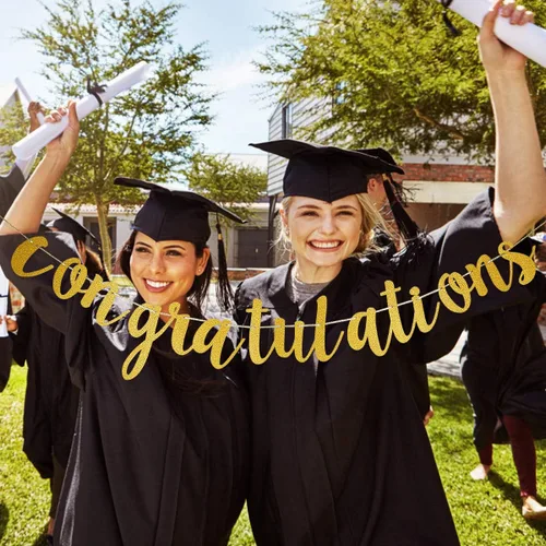 Miniatura 3 de Pancarta de felicitaciones con purpurina dorada para graduados, decoraciones de guirnalda de felicitaciones para la universidad 2025, decoraciones