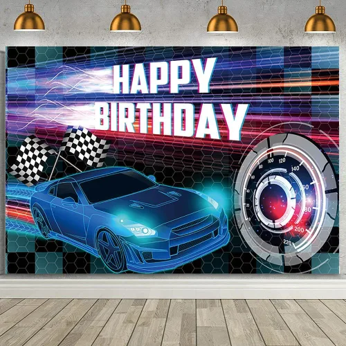 Miniatura 19 de MEHOFOND Telón de fondo negro de 7 x 5 pies, decoración de fiesta de carreras para niños, cartel de fiesta de cumpleaños con temática de auto