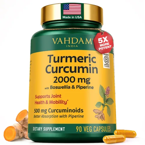 VAHDAM, Suplemento de curcumina de cúrcuma de 2000 mg (500 mg de curcuminoides) con boswellia y piperina para una rápida absorción | Apoya la salud