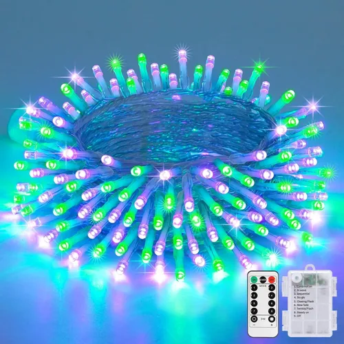 Miniatura 25 de JMEXSUSS Luces de Navidad multicolor que funcionan con pilas con 8 modos de control remoto, impermeables, 33 pies, 100 luces LED de Navidad