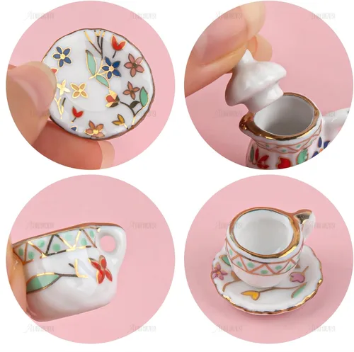 Miniatura 8 de AUEAR, Juego de 15 piezas de té de porcelana en miniatura 1:12 Miniatur Plato Taza Plato Accesorios Clásicos de Cocina (Patrón de Hoja Dorada)