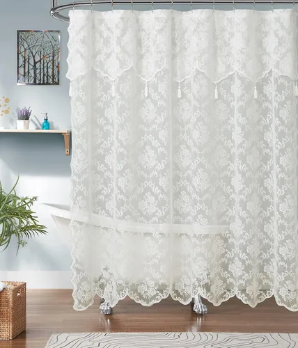 ASATEX Cortina de ducha de encaje marfil. Cortina de baño de diseño floral clásico de 72 x 72 pulgadas con cenefa adjunta y borlas. Cortinas de