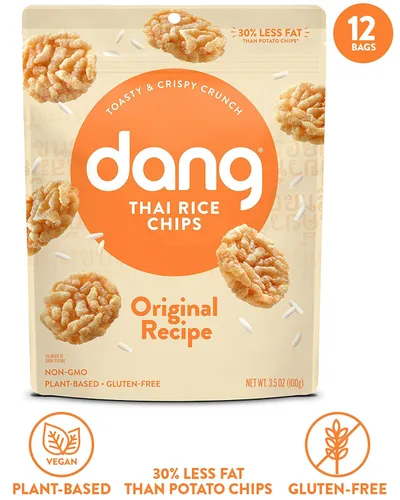 Miniatura 2 de Dang Chips de arroz tailandés Original Paquete de 12 Hojuelas de arroz veganas, sin gluten, sin OMG, aperitivos saludables hechos
