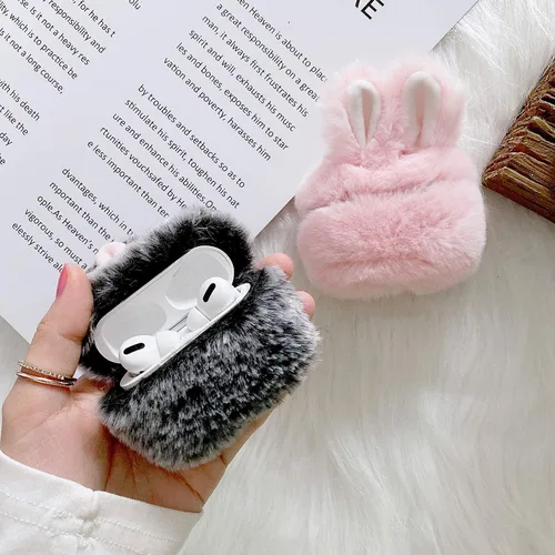 Miniatura 6 de Guppy Compatible con AirPods Pro 2 - Funda de conejo peludo para niñas, caricaturas 3D, lindas orejas de conejo, funda de transporte mullida y Gris