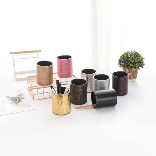 Miniatura 8 de Soporte para bolígrafo para escritorio, soportes de lápiz de cuero PU para cosméticos suministros de oficina, organizador de escritorio negro PH107