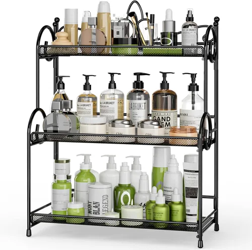 EKNITEY Organizador de encimera de baño, organizador de especias de 3 niveles, organizador de encimera para el cuidado de la piel, para baño, Negro