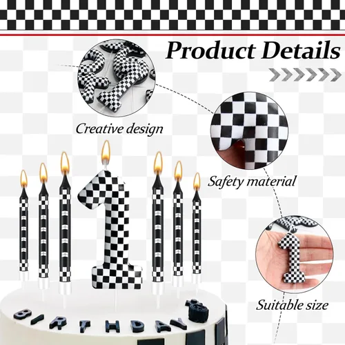 Miniatura 3 de 13 piezas de velas temáticas de coches de carreras para cumpleaños en negro y blanco con número de carrera 1 a cuadros, velas para tarta de coche