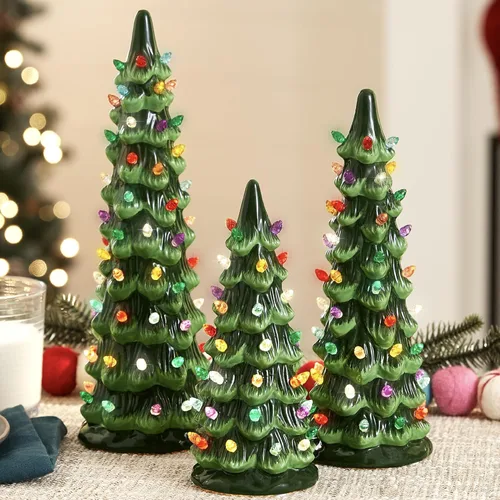 Miniatura 8 de Best Choice Products Juego de 3 árboles de Navidad de cerámica, decoración navideña de mesa pintada a mano con bombillas blancas cálidas, luces LED