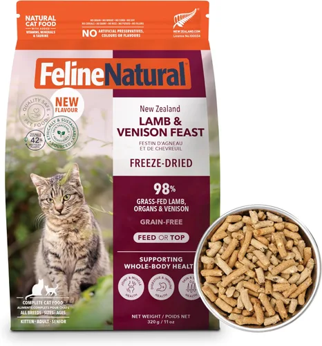 Miniatura 10 de Alimento para gatos seco de alta proteína de Feline Natural, dieta liofilizada con 98% carne, órganos y mariscos, sin guisantes, granos o aditivos
