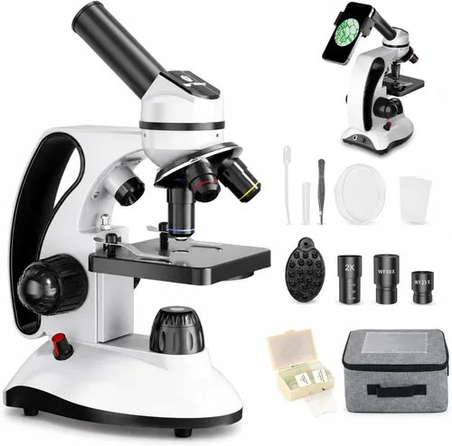 Kit de microscopio para niños, adultos, estudiantes, microscopio compuesto 40X-2000X con diapositivas preparadas, iluminación LED dual, óptica de
