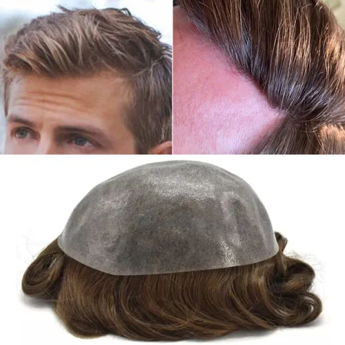Miniatura 100 de Toupee para hombres Sistema de reemplazo de cabello humano real duradero invisible para hombre Toupee Hair Piece para hombres Poly Men Sistema
