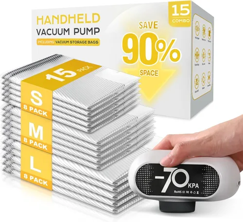 15 Pack Travel Vacuum Bags with Electric Pump, 70KPa Vacuum Storage Bags for Clothing, Reusable Space Saver Bags for Suitcase, Travel & Home