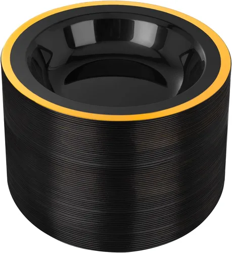 Liacere 60 piezas de tazones de plástico negros - Tazones desechables de postre negros y dorados - Tazones de sopa de plástico premium de 12 onzas