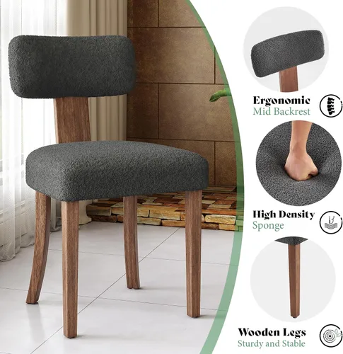 Miniatura 4 de AMERLIFE Juego de 2 sillas de cocina, sillas Boucle con respaldo y asiento curvados tapizados, marco de madera dura de estilo moderno, color gris