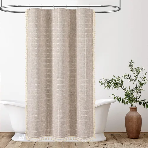 Miniatura 6 de BTTN - Cortina de ducha bohemia para cubículo, de 36 x 72 pulgadas, de lino ultra gruesa y estrecha con borlas, juego de cortina de tela con 6 Gris