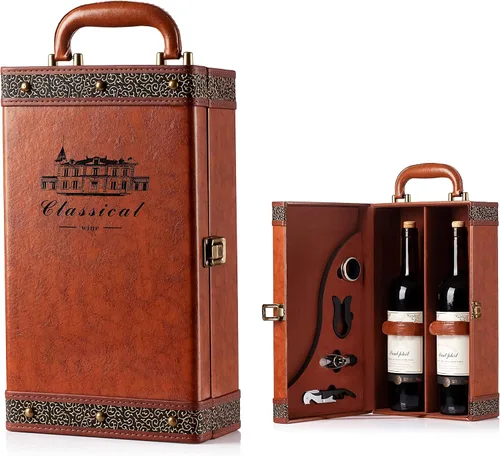 Caja de regalo de vino con juego de 4 accesorios de vino, funda portátil para dos botellas de vino para Navidad, boda, aniversario, fiesta, caja de