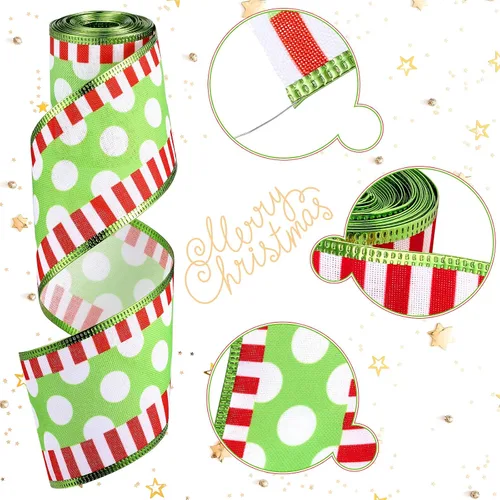 Miniatura 2 de 2 rollos de cinta de Navidad en espiral con puntos con alambre con rayas, envoltura de tela colorida, cintas decorativas de Navidad para suministros