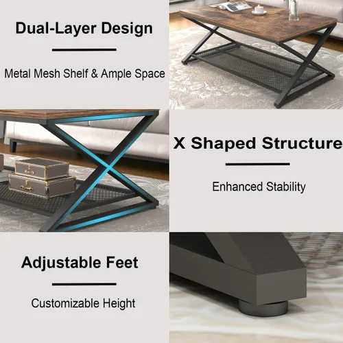 Miniatura 5 de LVB Mesa de café rústica, mesa de cóctel de té de madera y metal industrial de 2 niveles con almacenamiento para sala de estar, mesa central Marrón