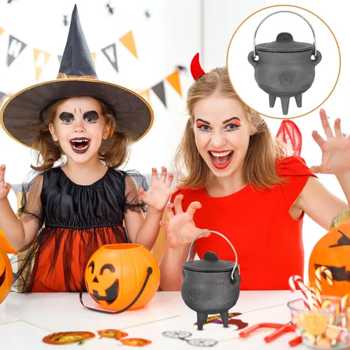Miniatura 7 de DOITOOL Caldero de hierro fundido con tapa y asa, caldero de bruja de Halloween, olla de bruja negra para manchar, quemar incienso, decoración