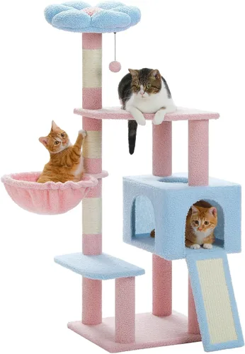 Miniatura 11 de MUTTROS Árbol para gatos con flores con postes rascadores de sisal, linda torre para gatos de 35" con hamaca verde grande para gatos pequeños