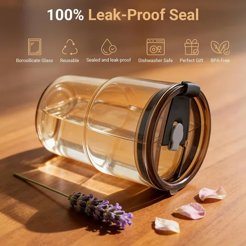 Miniatura 2 de Luxfuel Vaso de vidrio de 16 onzas con tapa y popote, taza de café helado reutilizable y vaso para batidos, vidrio de borosilicato a prueba de fugas