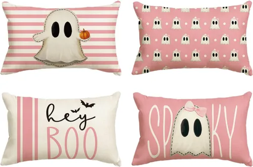 Miniatura 10 de AVOIN colorlife Juego de 4 fundas de almohada de Halloween Hey Boo con diseño de fantasma, 16 x 16 pulgadas, para sofá