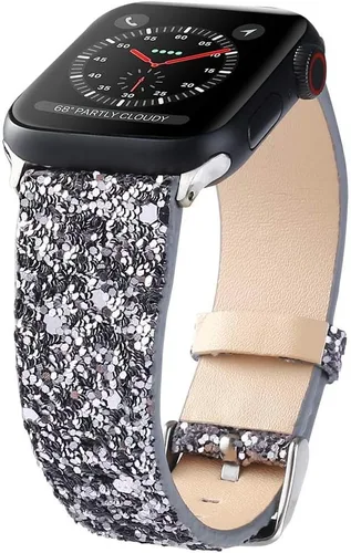 Miniatura 17 de Bling Band Compatible with Apple Watch Bands 38mm 40mm 41mm 42mm 44mm 45mm 46mm 49mm Ultra 3/2/1, Glitter Sparkle Leather Strap For iWatch Band