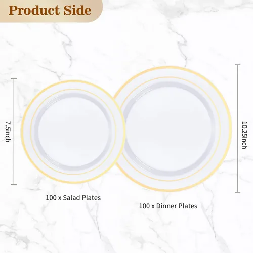 Miniatura 4 de BESTVIP 200 piezas de platos de plástico dorados, platos desechables para fiestas con 100 platos de cena y 100 platos de postre, platos de plástico