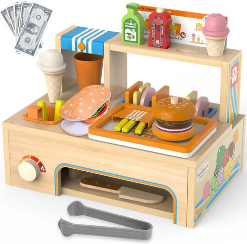 Miniatura 4 de Juegos de comida plegables de madera para jugar, contador de sándwiches con almacenamiento, 56 piezas de juguete de cocina de juego de simulación
