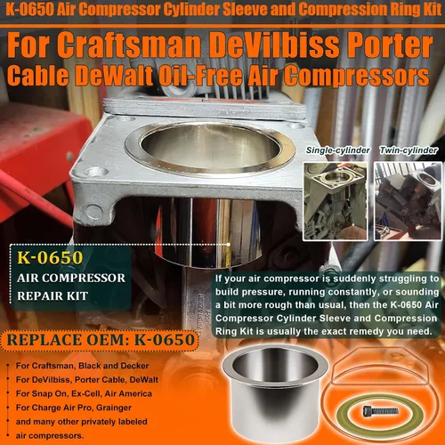 Miniatura 2 de K-0650 Kit de funda de cilindro de compresor de aire y anillo de compresión para compresores sin aceite Craftsman DeVilbiss Porter Cable DeWalt
