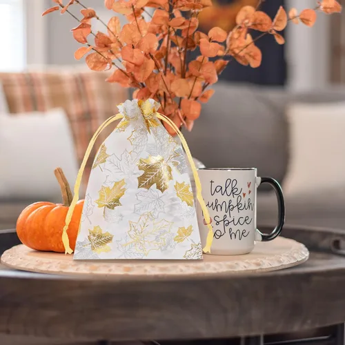 Miniatura 6 de Whaline 100 bolsas de organza de otoño con cordón de hojas de arce doradas, bolsas de regalo de joyería de Acción de Gracias, bolsa de regalo