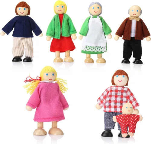Jzszera Juego de 7 casas de muñecas de madera, mini figuras para juegos de simulación, accesorios clásicos para casa de muñecas para niños y niños