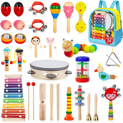 Juego de instrumentos musicales para niños pequeños, 32 piezas, 19 tipos de instrumentos de percusión de madera, juguetes para niños que juegan
