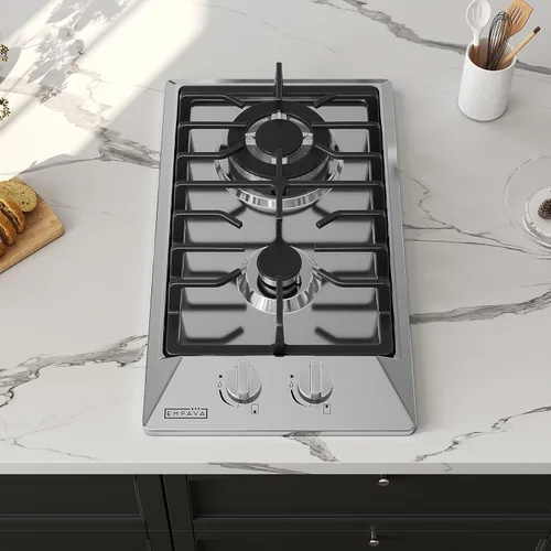 Miniatura 2 de Empava Placa de cocina de gas integrada de 12 pulgadas con 2 quemadores SABAF sellados, superficie de acero inoxidable, rejillas de hierro fundido