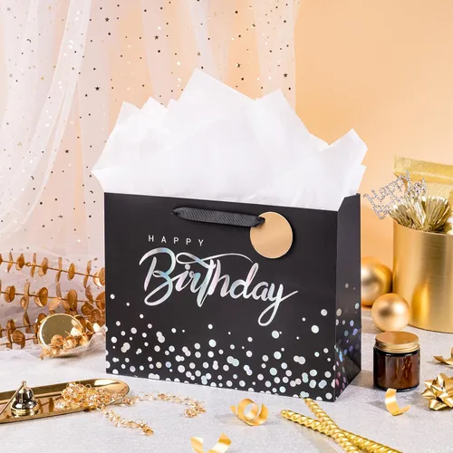 Miniatura 8 de Loveinside Bolsa de regalo de cumpleaños negra con papel de seda para cumpleaños, baby shower, fiesta y más, 13 x 5 x 10 pulgadas, 1 unidad